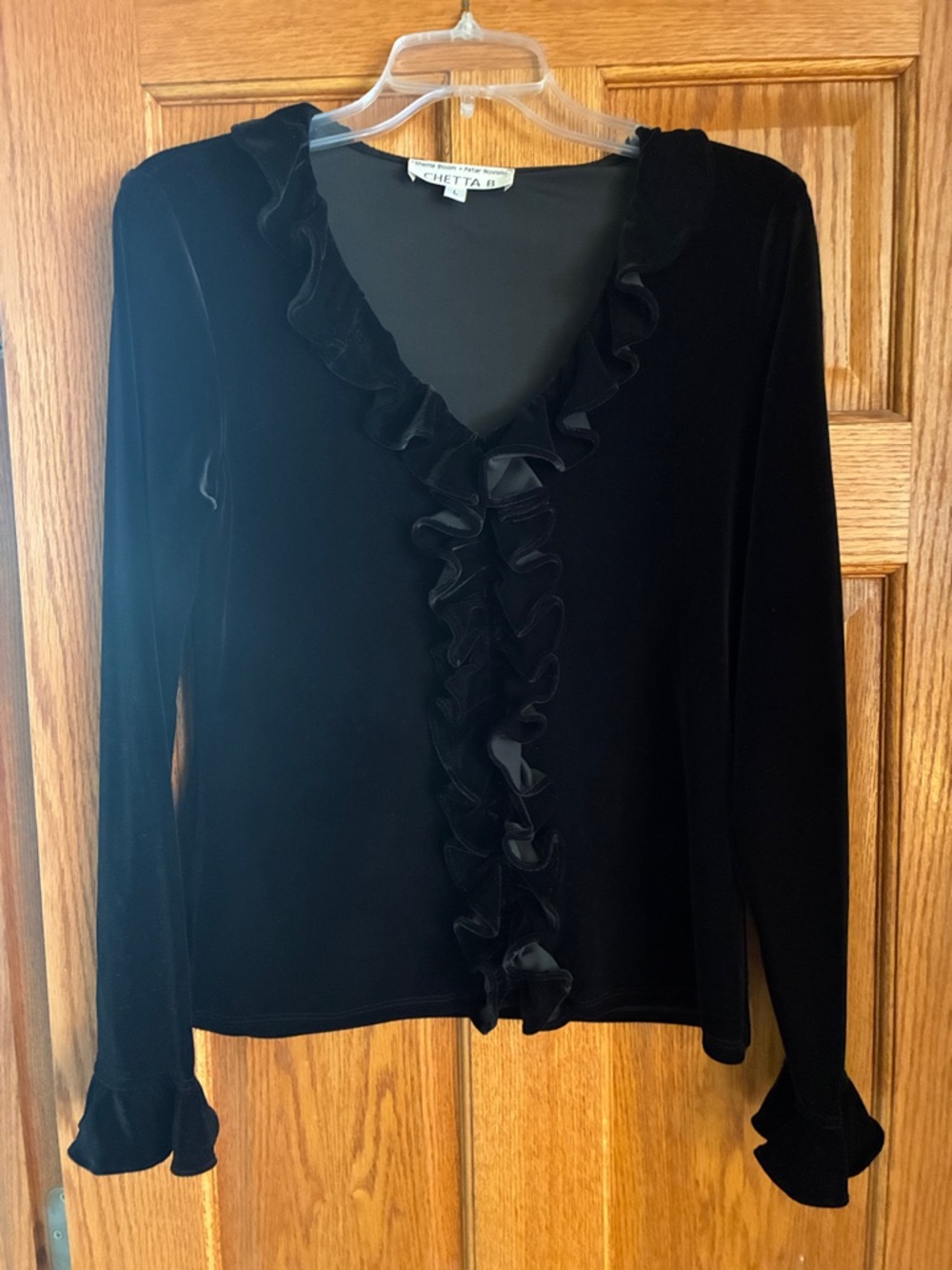 Chetta B Black Velvet Ruffle V-Neck Blouse